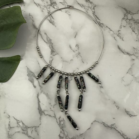 Vintage Y2k Silver Black Choker Necklace Floral Clay Beads Metal Ring Bib - Picture 4 of 4